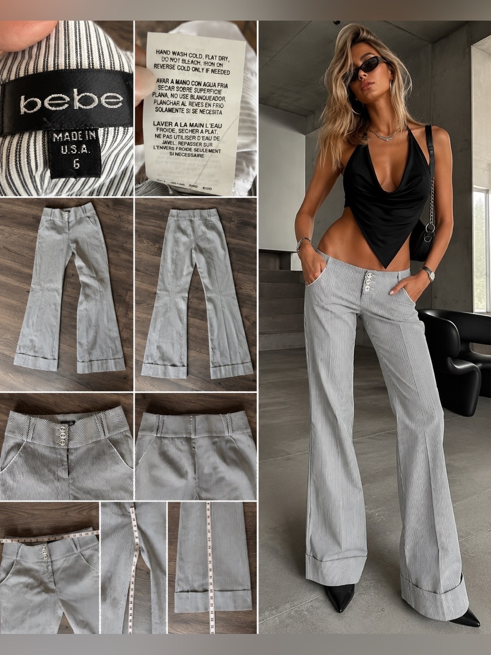 bebe Y2K Pinstripe Low Rise Flare Pants | Wide Leg Trouser | Size 6 Made in USA